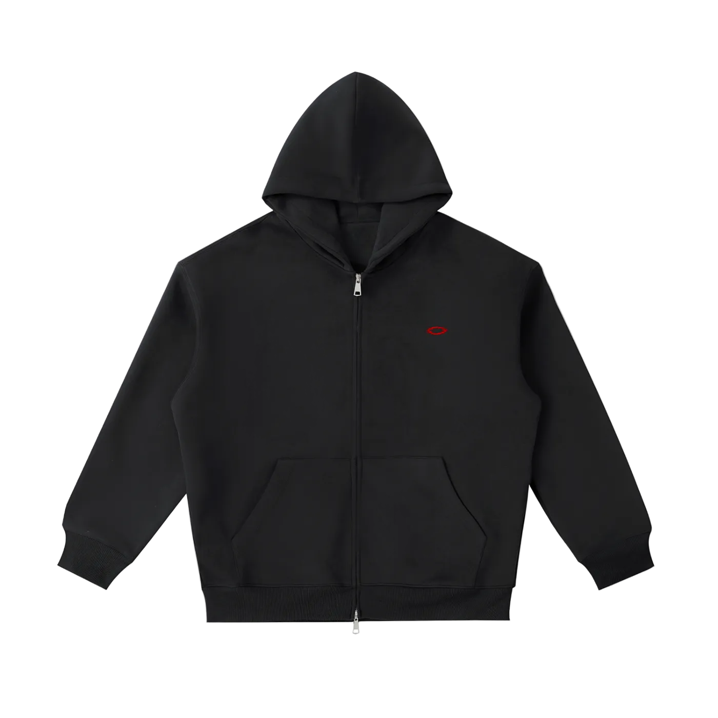 Black hoodie with a red logo on a white background