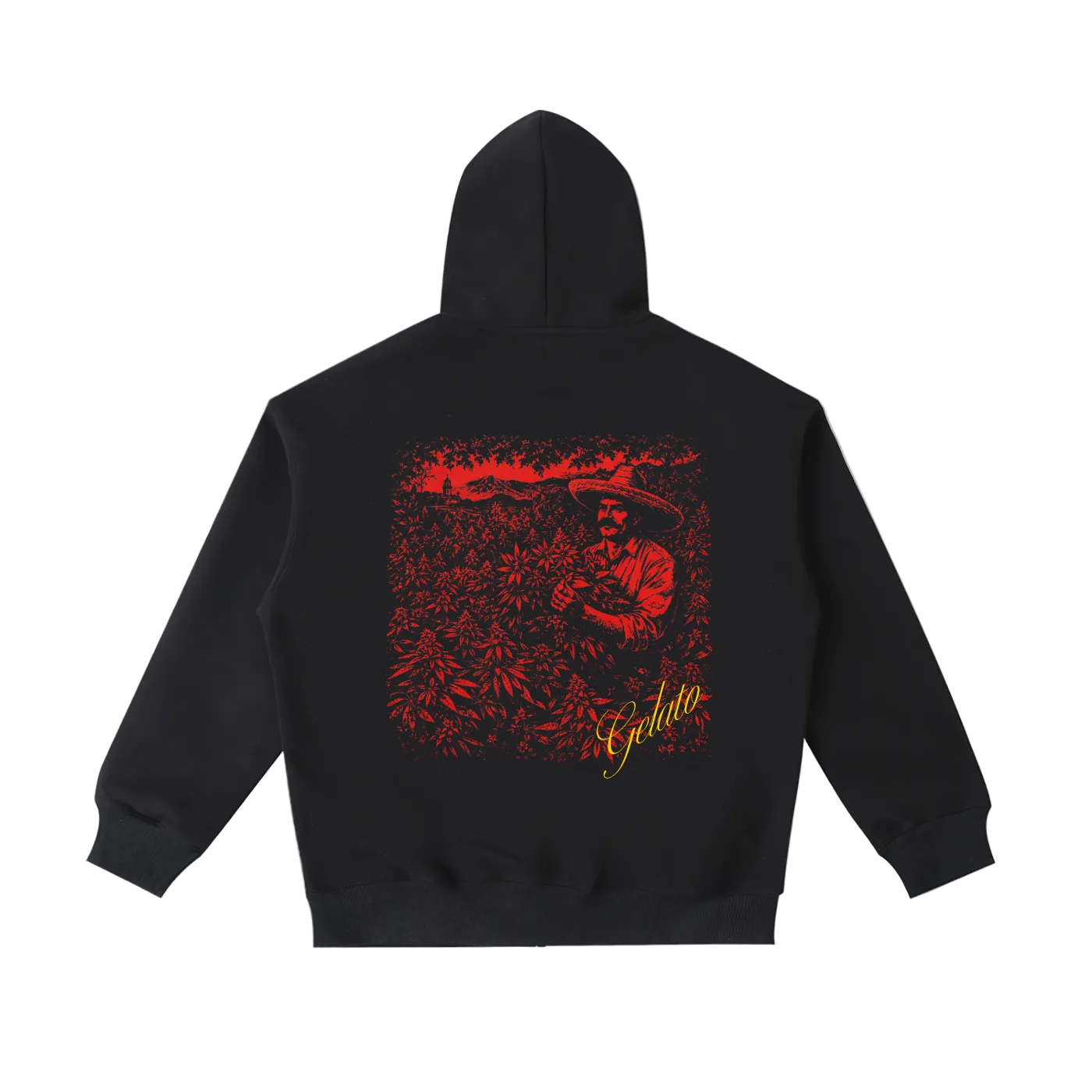 Black hoodie with red graphic design on the back against a white background