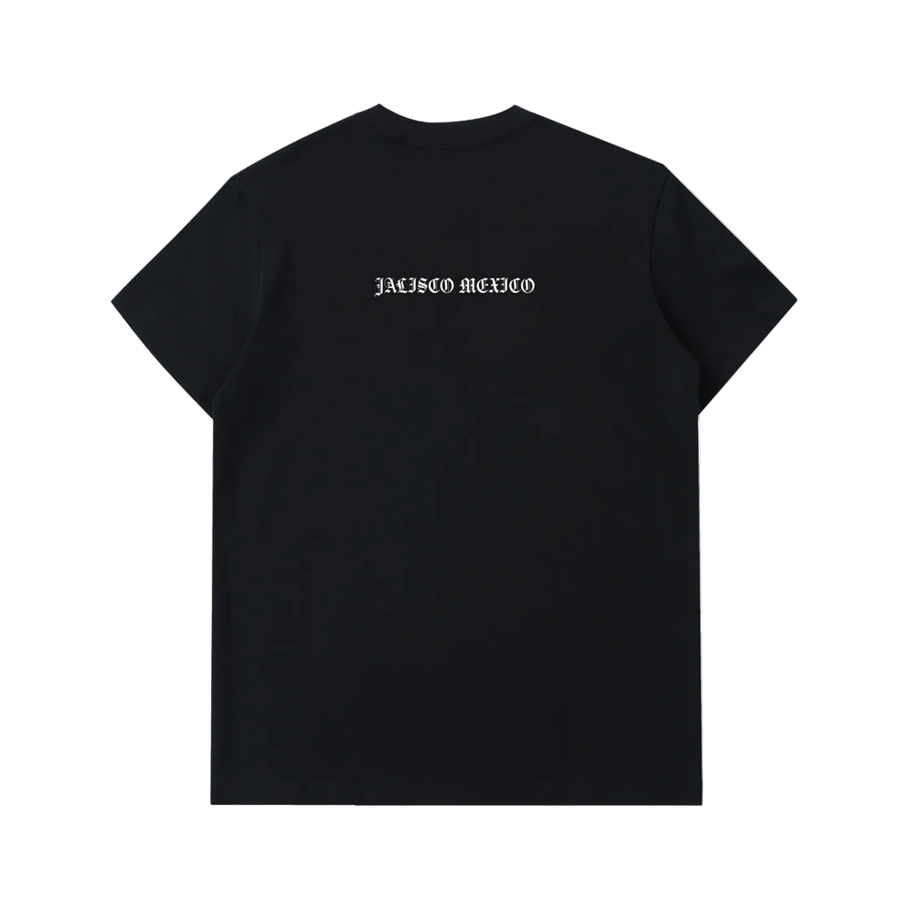 Black t-shirt with 'FAISCO MEXICO' text on the back against a white background