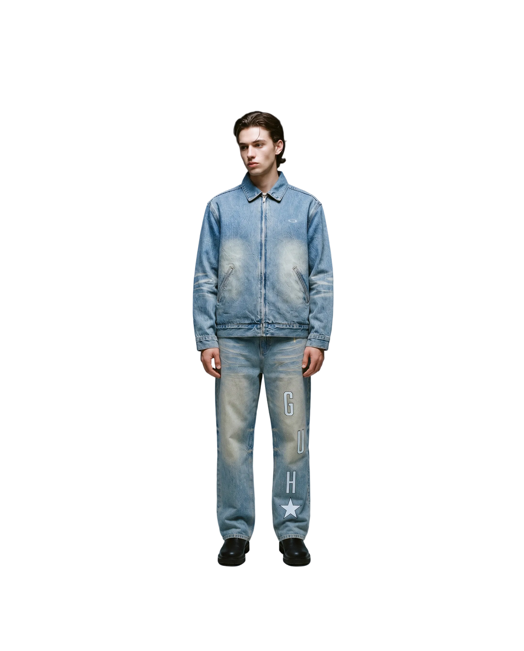 Person wearing a denim outfit with 'Gucci' branding on a gradient background