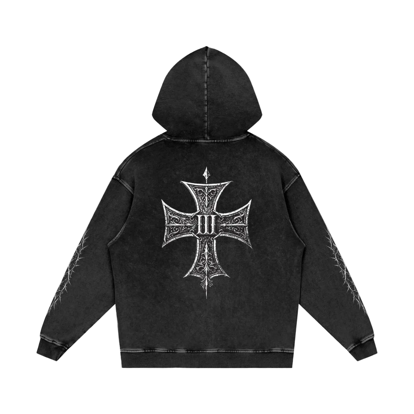 Black hoodie with a decorative cross emblem on the back against a white background