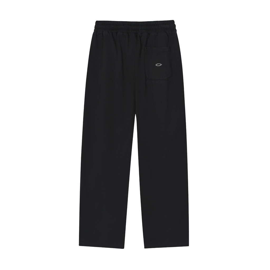 Black pants with a brand logo on a white background