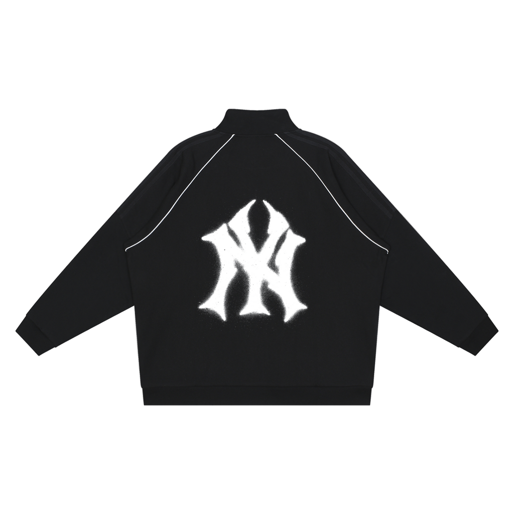 Black jacket with a white logo on the back against a white background