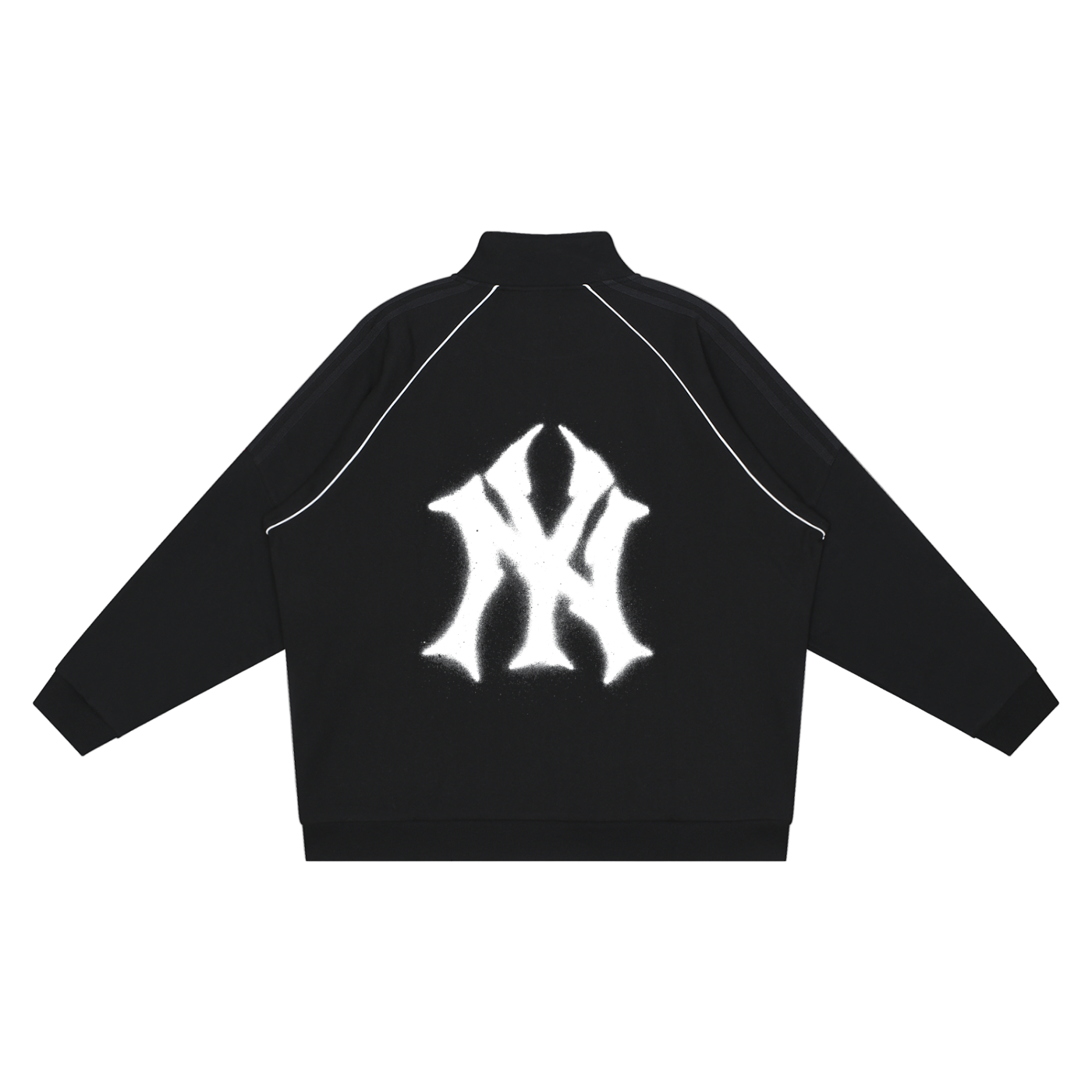 Black jacket with a white logo on the back against a white background