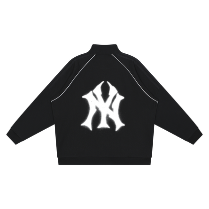 Black jacket with a white logo on the back against a white background