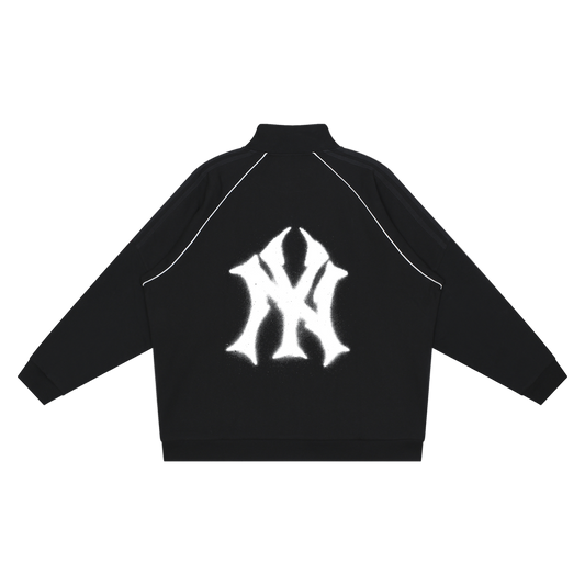 Black jacket with a white logo on the back against a white background