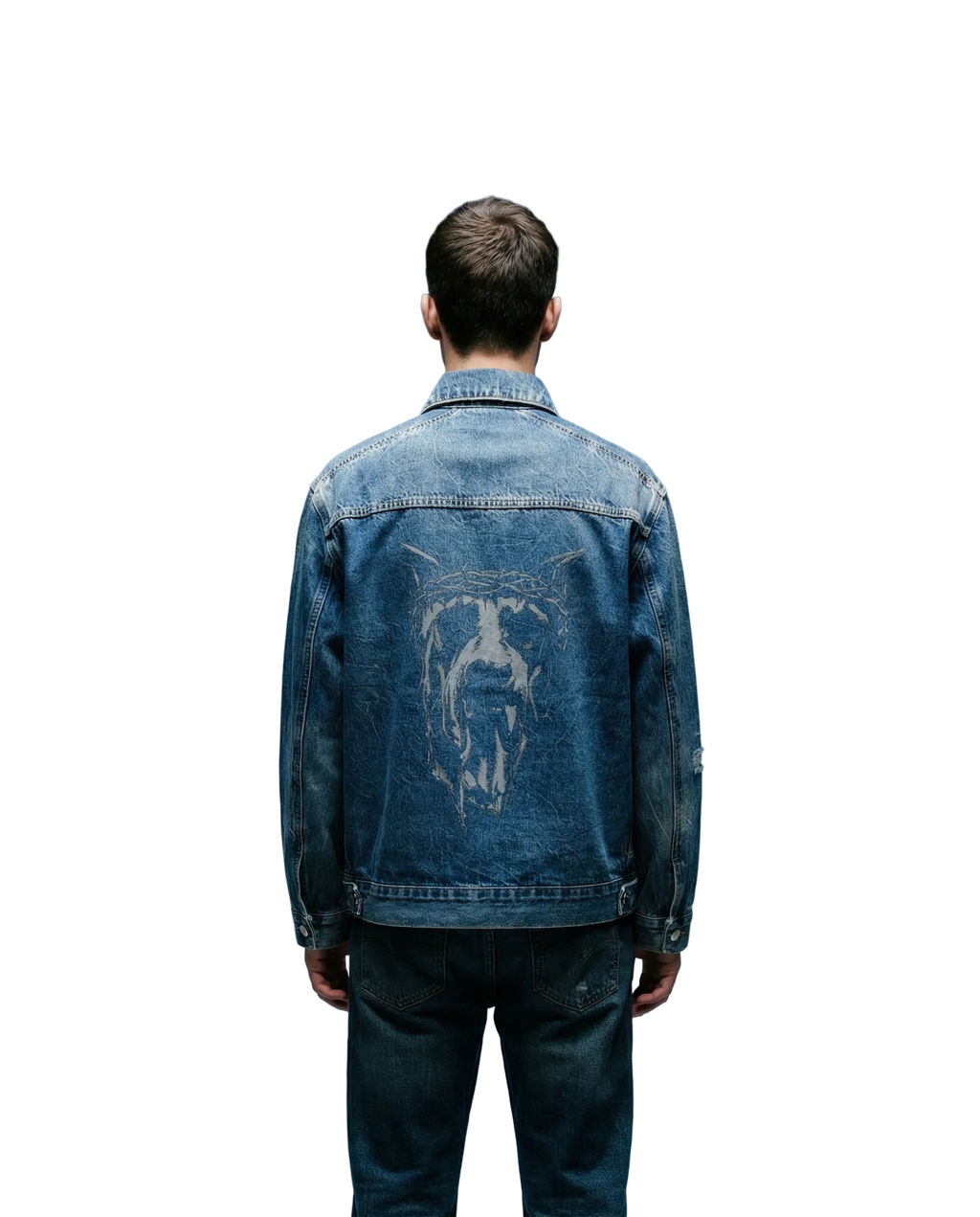 Person wearing a blue denim jacket with a graphic design on a gradient blue background