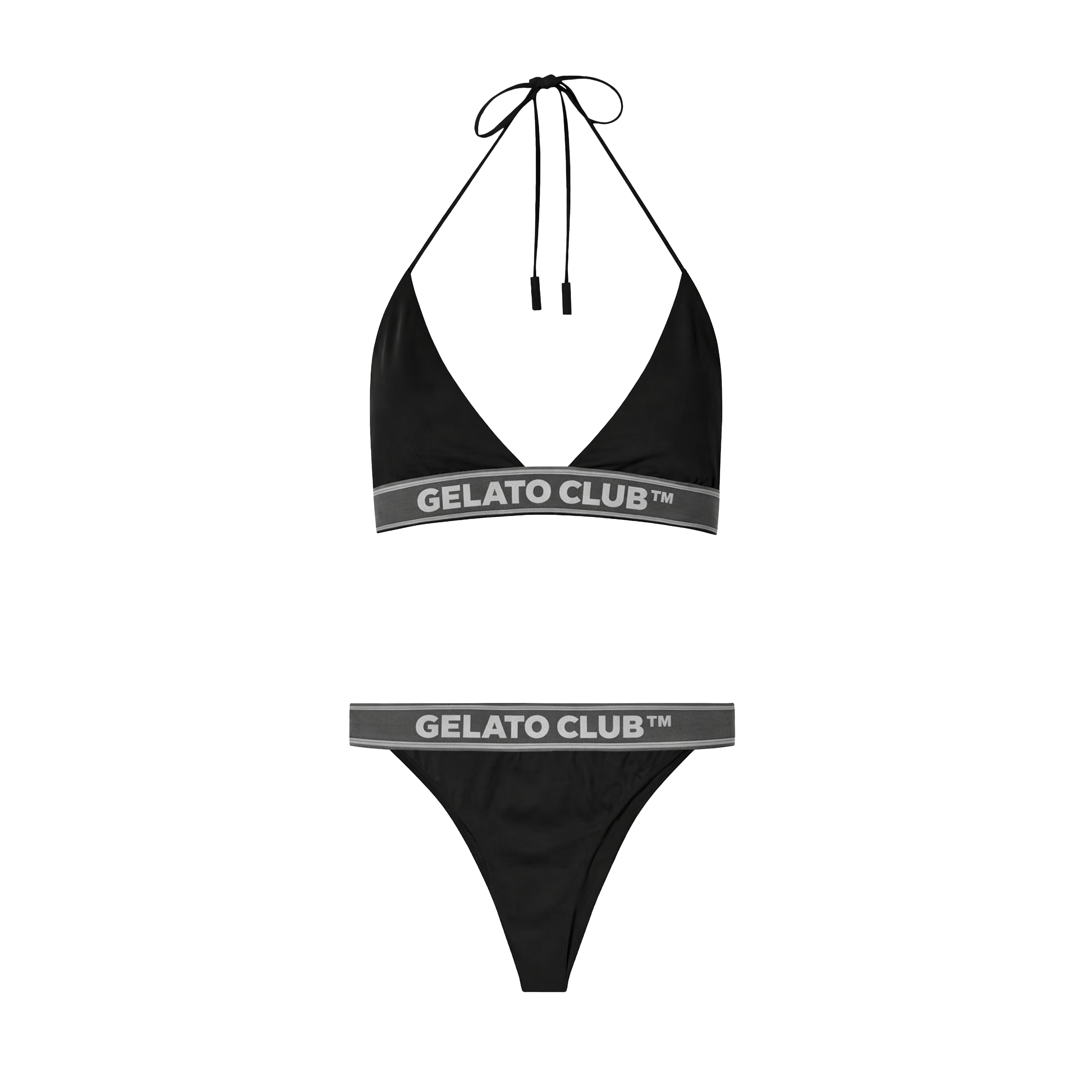 Black bikini set with 'Gelato Club' branding on a white background