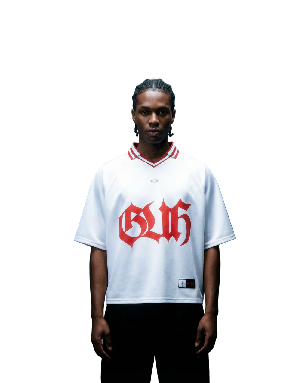 Person wearing a white jersey with red text against a blue background