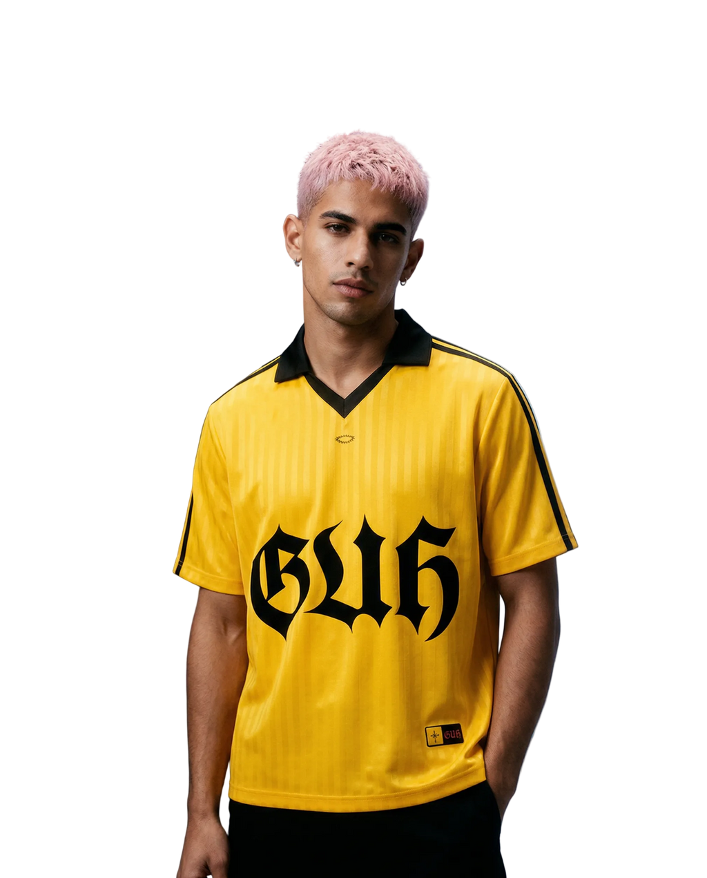 Person wearing a yellow sports jersey with black text against a gradient blue background