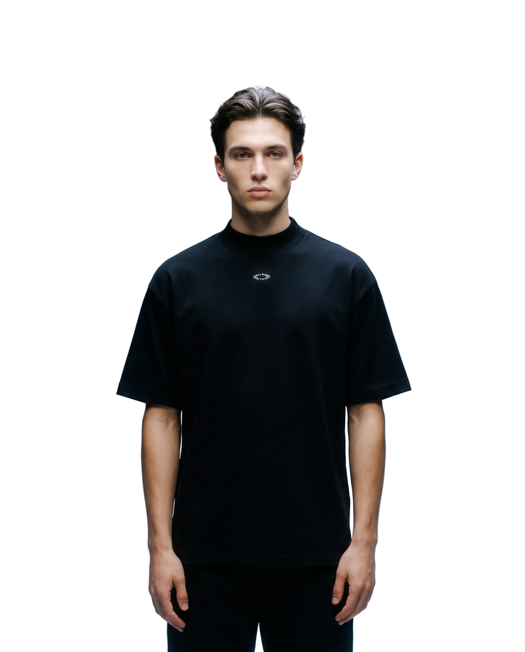 Person wearing a black t-shirt with a logo on a gradient blue background