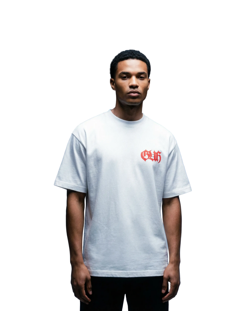 Person wearing a white t-shirt with red logo on a white background