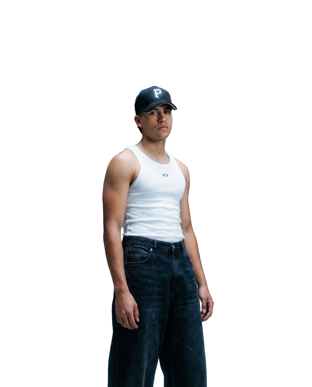 Person wearing a white tank top and dark jeans with a cap on a white background
